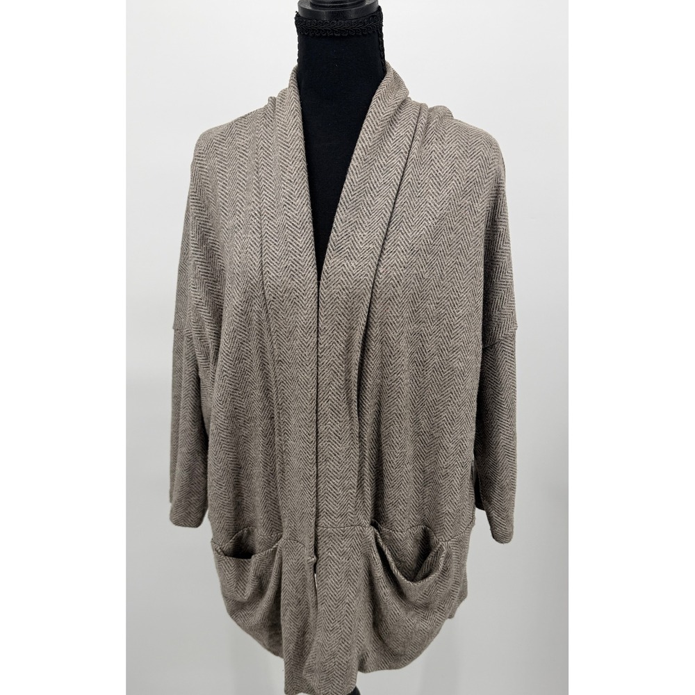 Masai Cardigan Women XL Grey Good Herringbone Open Front Shawl Collar Pockets
